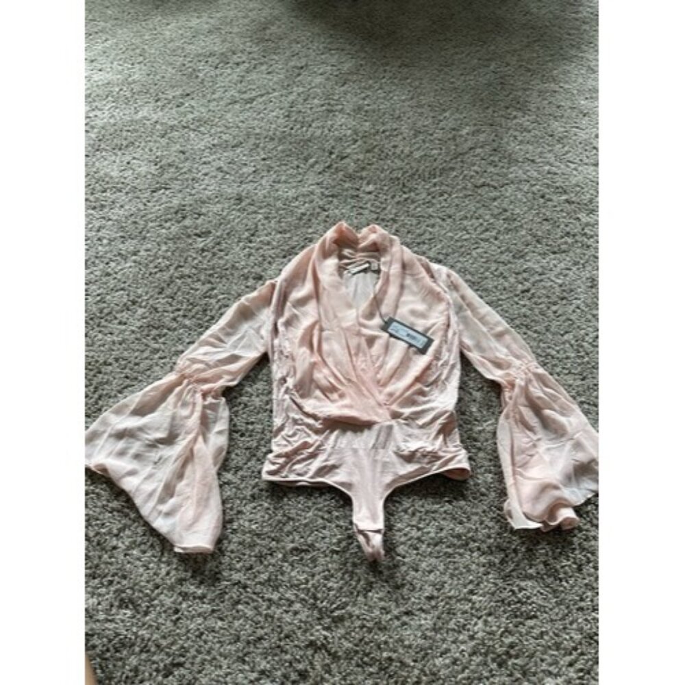 Eva Mendes Pink Bell Long Sleeve Deep V- Neck Body Suit Size XS Top Sheer Sleeve